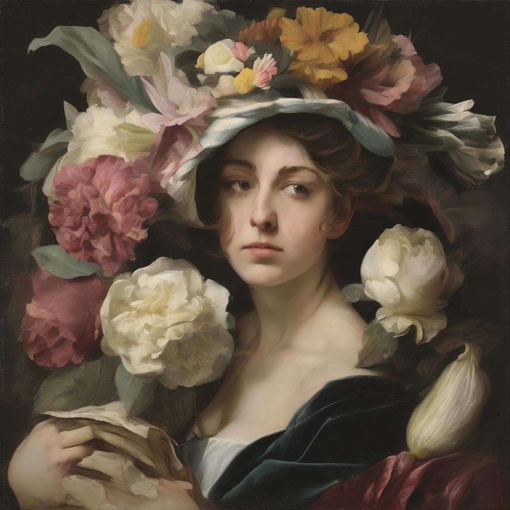 Ρεαλιστικό πορτρέτο νεαρής γυναίκας με λουλούδια στο κεφάλι, τέχνη και ομορφιά της αντίληψης στο έργο τέχνης.