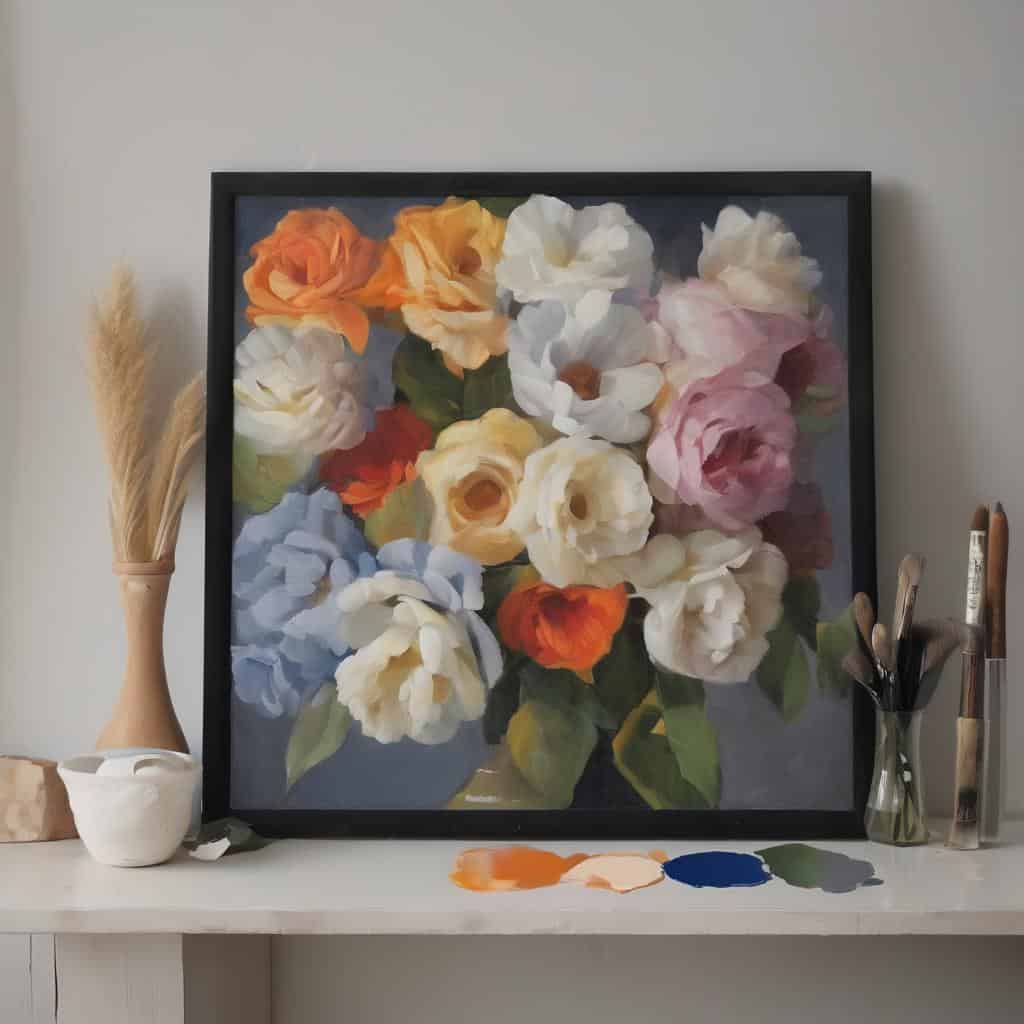 Όμορφο έργο ζωγραφικής με λουλούδια, τέχνη και αντίληψη ομορφιάς, διακοσμητικό στον χώρο.