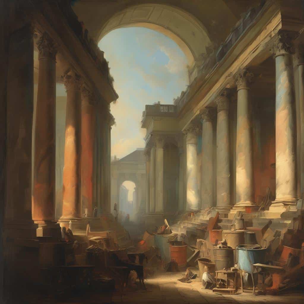 Λιθόστρωση αρχαίου ναού με κιονοστοιχία και απλοποιημένο ουρανό, έκφραση ομορφιάς και αντίληψης σε έργο τέχνης.