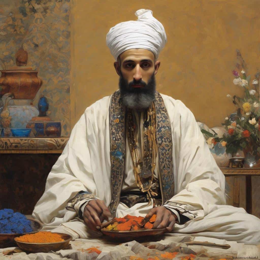 Λαμπερός άνδρας με παραδοσιακή αμφίεση και τουρμπάνι σε εσωτερικό χώρο, με έντονα χρώματα και διακοσμητικά στοιχεία.