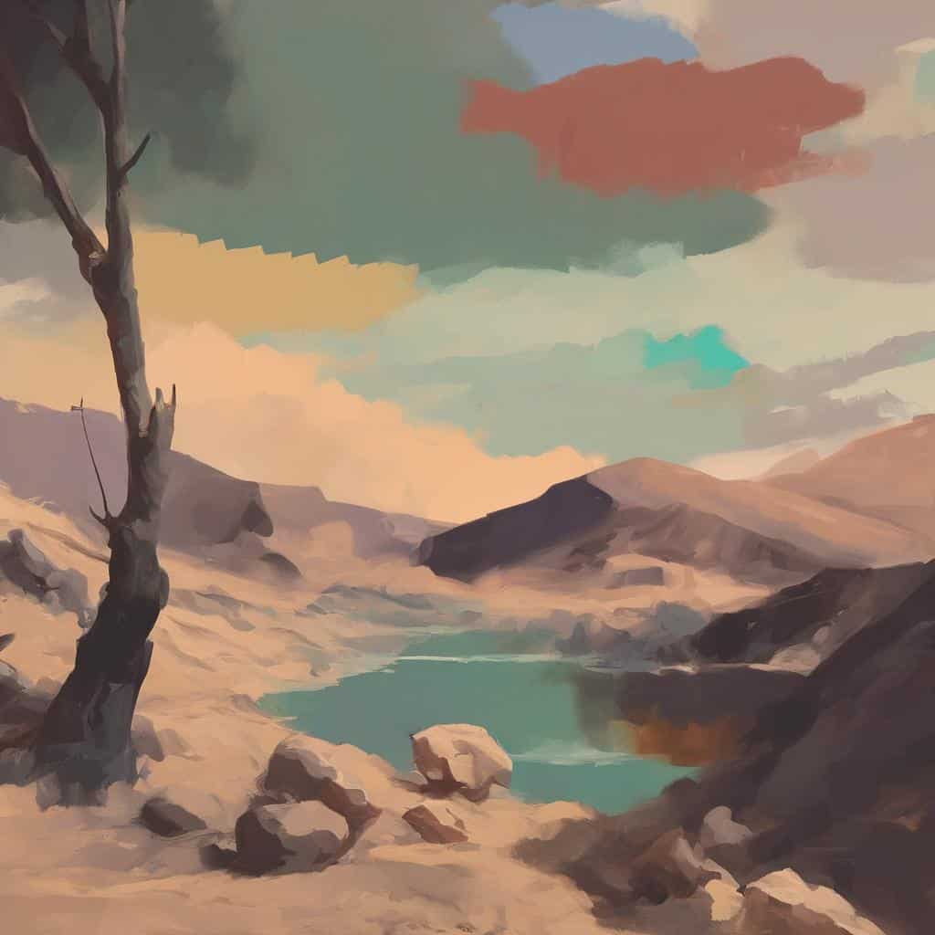 Ζώα θεματική, τοπίο ποταμού με βουνά και ουρανό σε φθινοπωρινά χρώματα, αποτύπωση της ομορφιάς της αντίληψης στο έργο τέχνης.